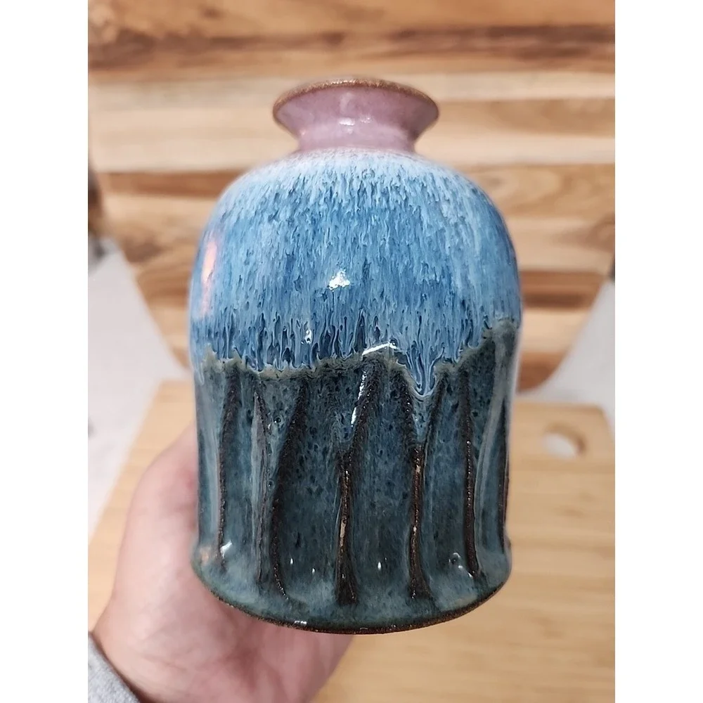 2 Vtg Stoneware Pottery Bud Vases Hand Turned Artist Signed Blue Drip Glaze 5